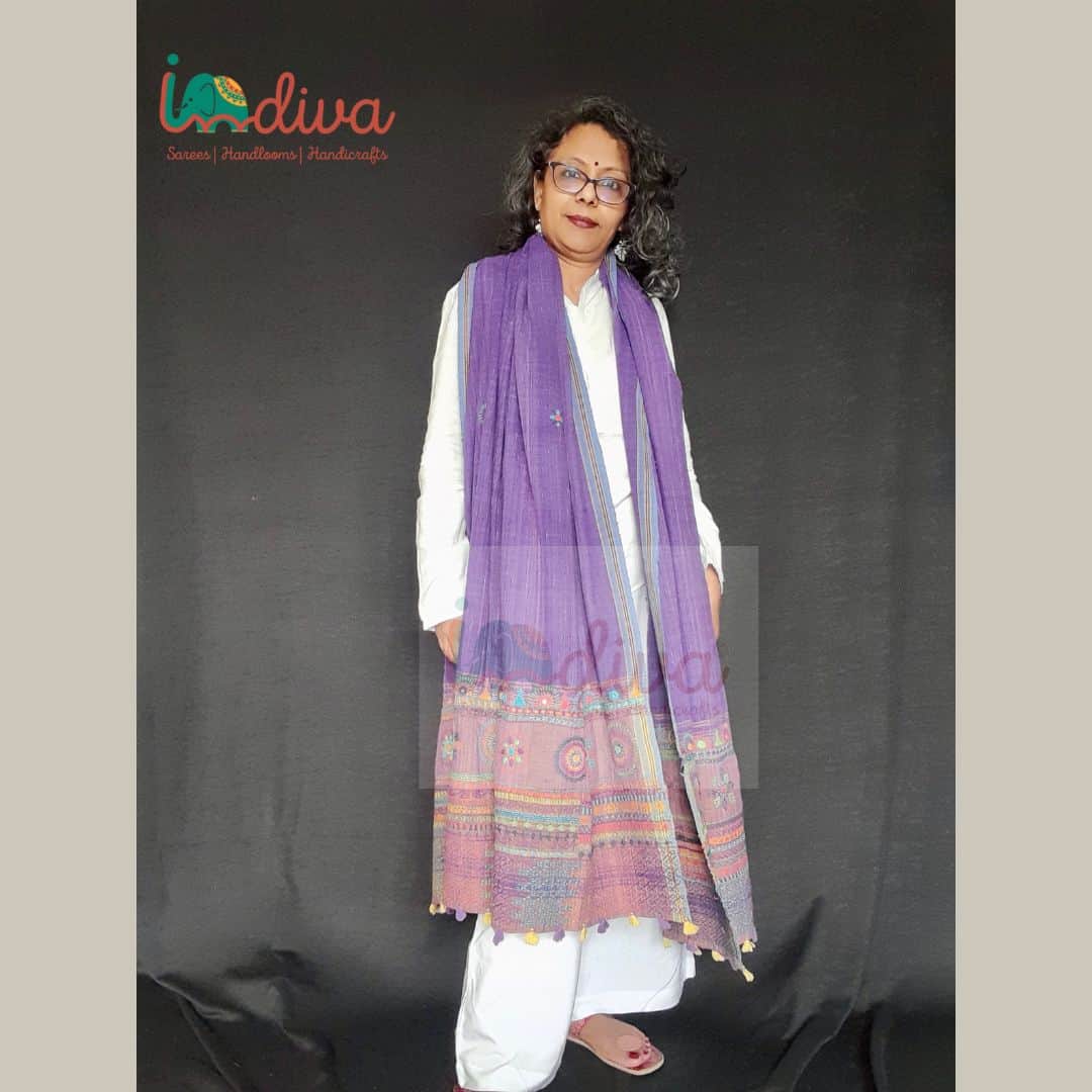 Purple Handcrafted Khadi Cotton Lambani Dupatta-On White