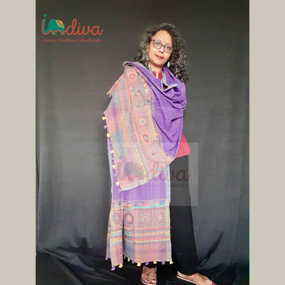 Purple Handcrafted Khadi Cotton Lambani Dupatta – Indiva