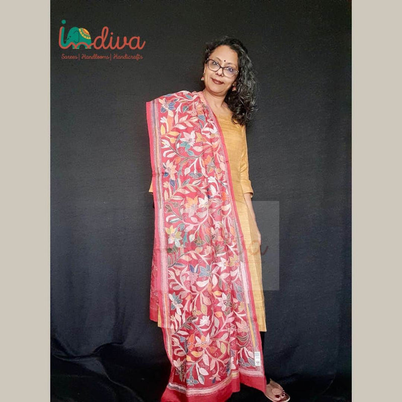 Red Handcrafted Kantha Silk Dupatta-Shoulder