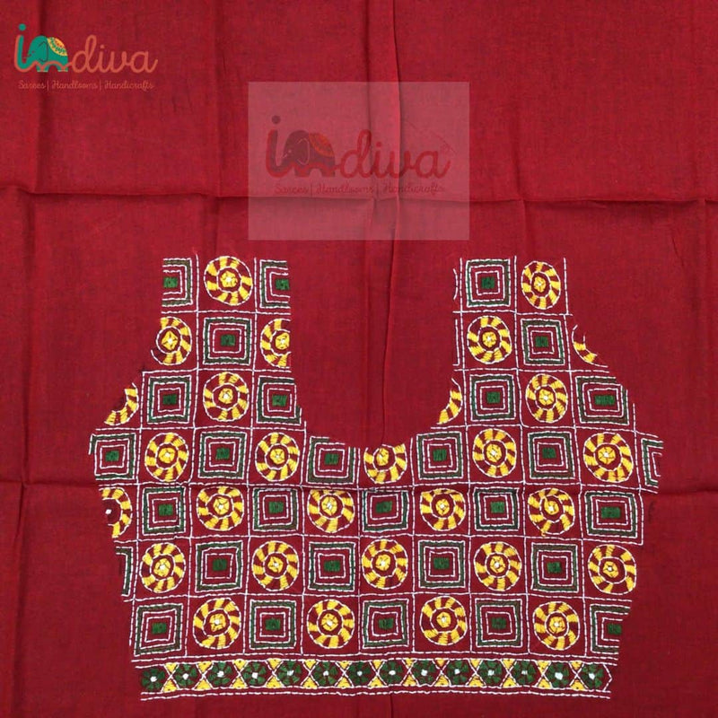 Red Kantha Blouse Fabric With Green & Yellow Geometric Motifs-Back