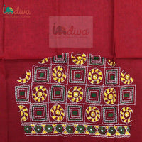 Red Kantha Blouse Fabric With Green & Yellow Geometric Motifs-Sleeve