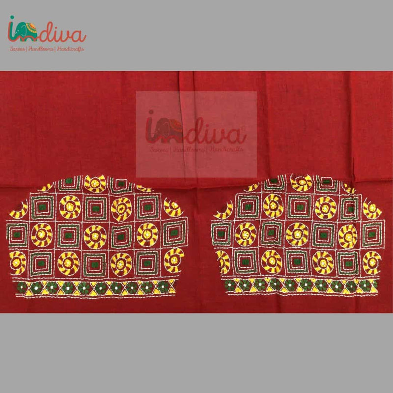 Red Kantha Blouse Fabric With Green & Yellow Geometric Motifs--Sleeves