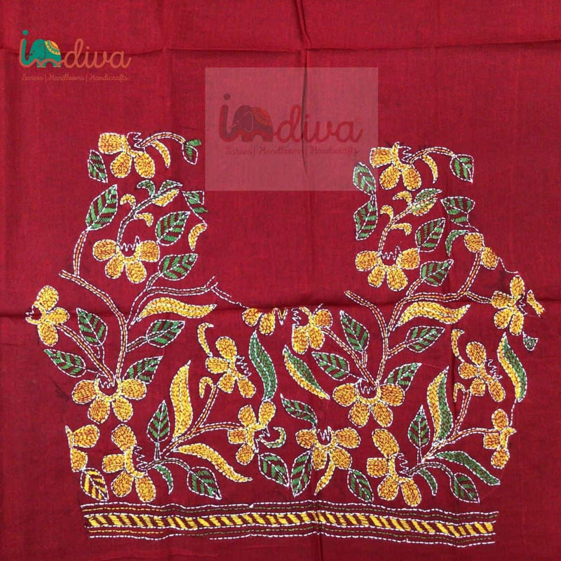 Red Kantha Blouse Fabric With Orange& Green Motifs-Back