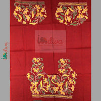 Red Kantha Blouse Fabric With Orange & Green Motifs