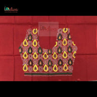 Red Kantha Blouse Material With Green & Yellow Motifs-Body (2)