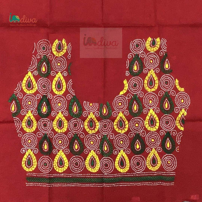 Red Kantha Blouse Material With Green & Yellow Motifs-Body