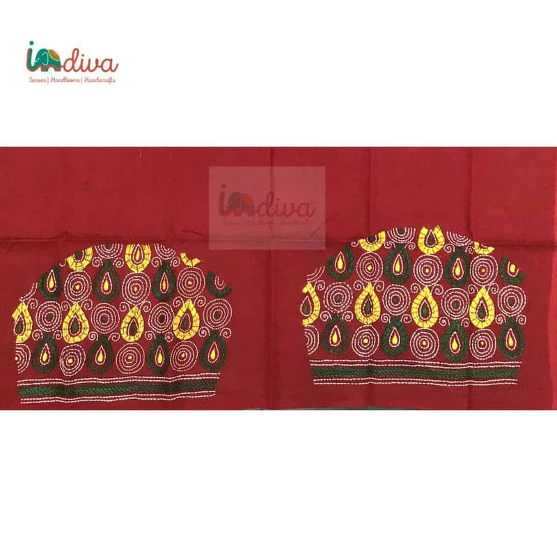 Red Kantha Blouse Material With Green & Yellow Motifs-Sleeves