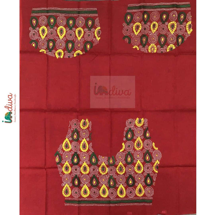 Red Kantha Blouse Material With Green & Yellow Motifs