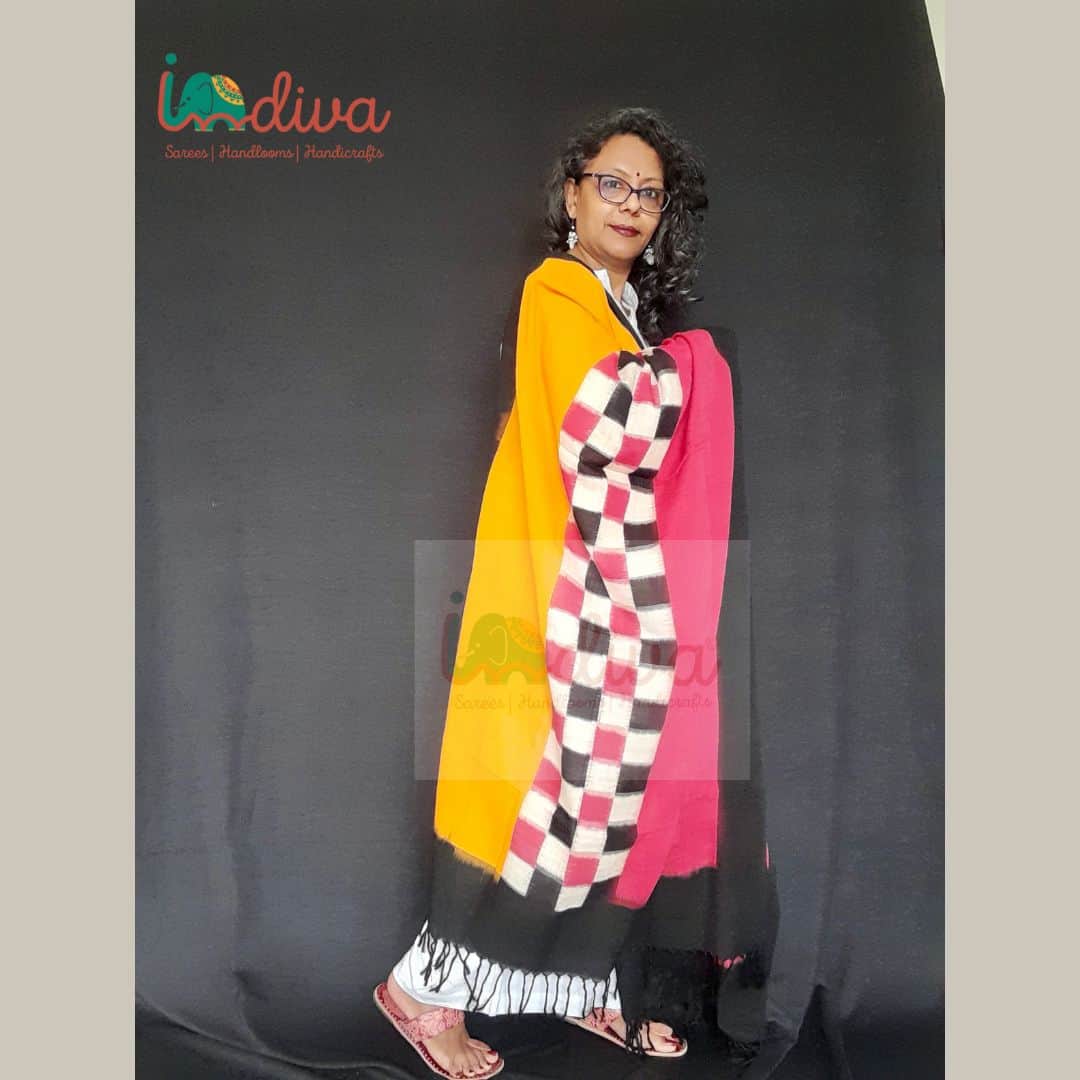Red & Yellow Handloom Cotton Ikat Dupatta-Walk