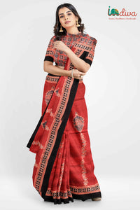 Red Block Printed Modal Silk Ajrakh Saree