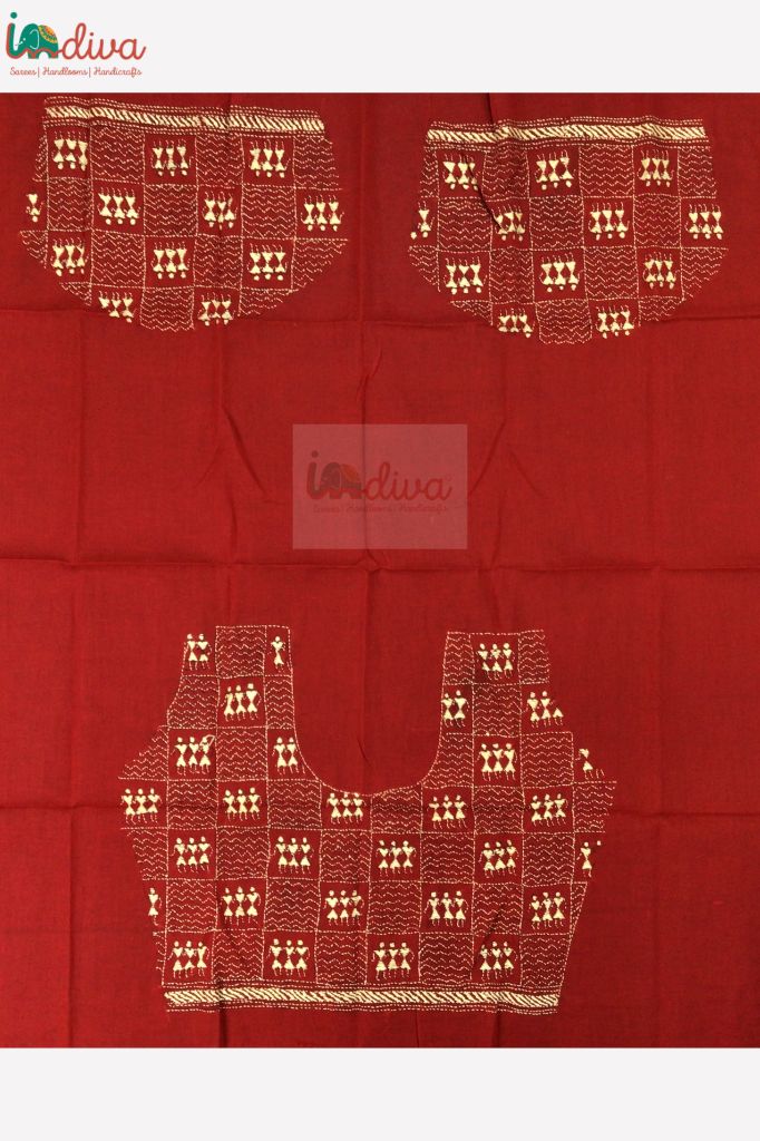 Red Kantha Blouse Fabric With Off-White Square Worli Motifs