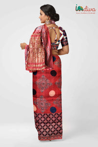 Red & Black Polka Dot Modal Silk Block Printed Ajrakh Saree