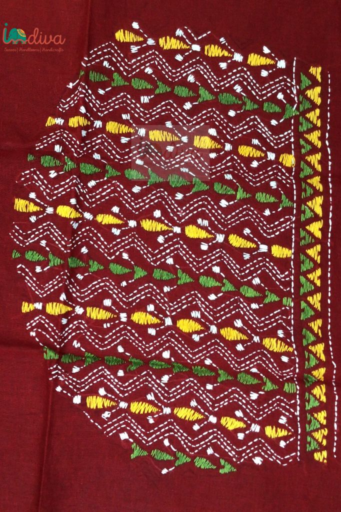 Reddish Maroon Kantha Blouse Material With Yellow & Green Motifs