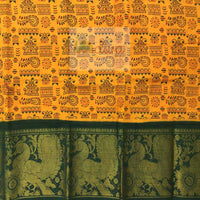 Sungudi Yellow & Green Block Printed Handloom Cotton Saree-Big Border