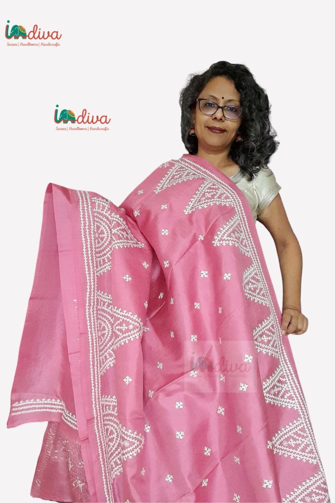 Taffy Pink Handloom Silk Gujarati Embroidery Saree