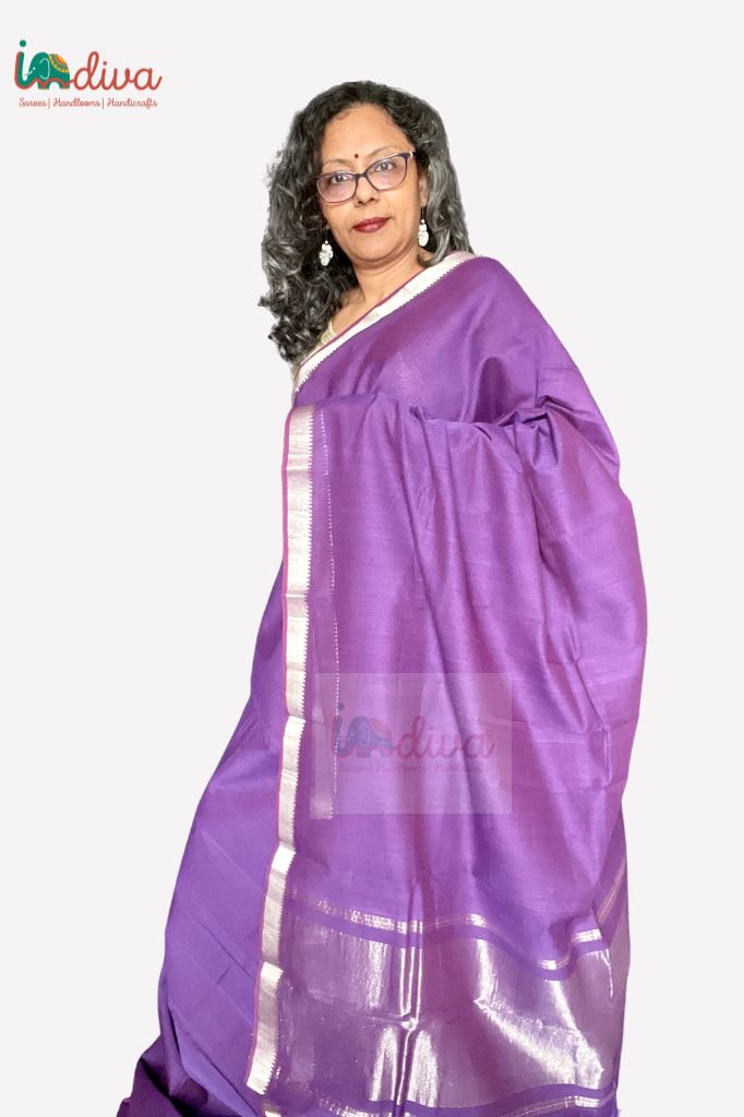 Violet With Silver Border Handloom Cotton Mangalgiri Saree