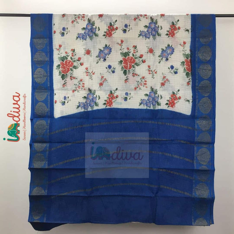White & Blue Tie Dye Handloom Sungudi Cotton Saree-Body