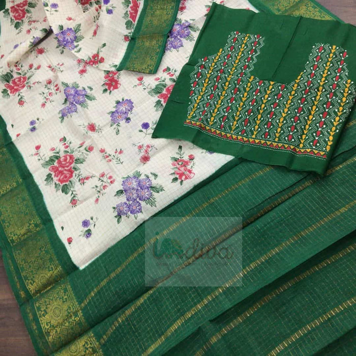 White & Green Tie Dye Handloom Sungudi Cotton Saree-Blouse
