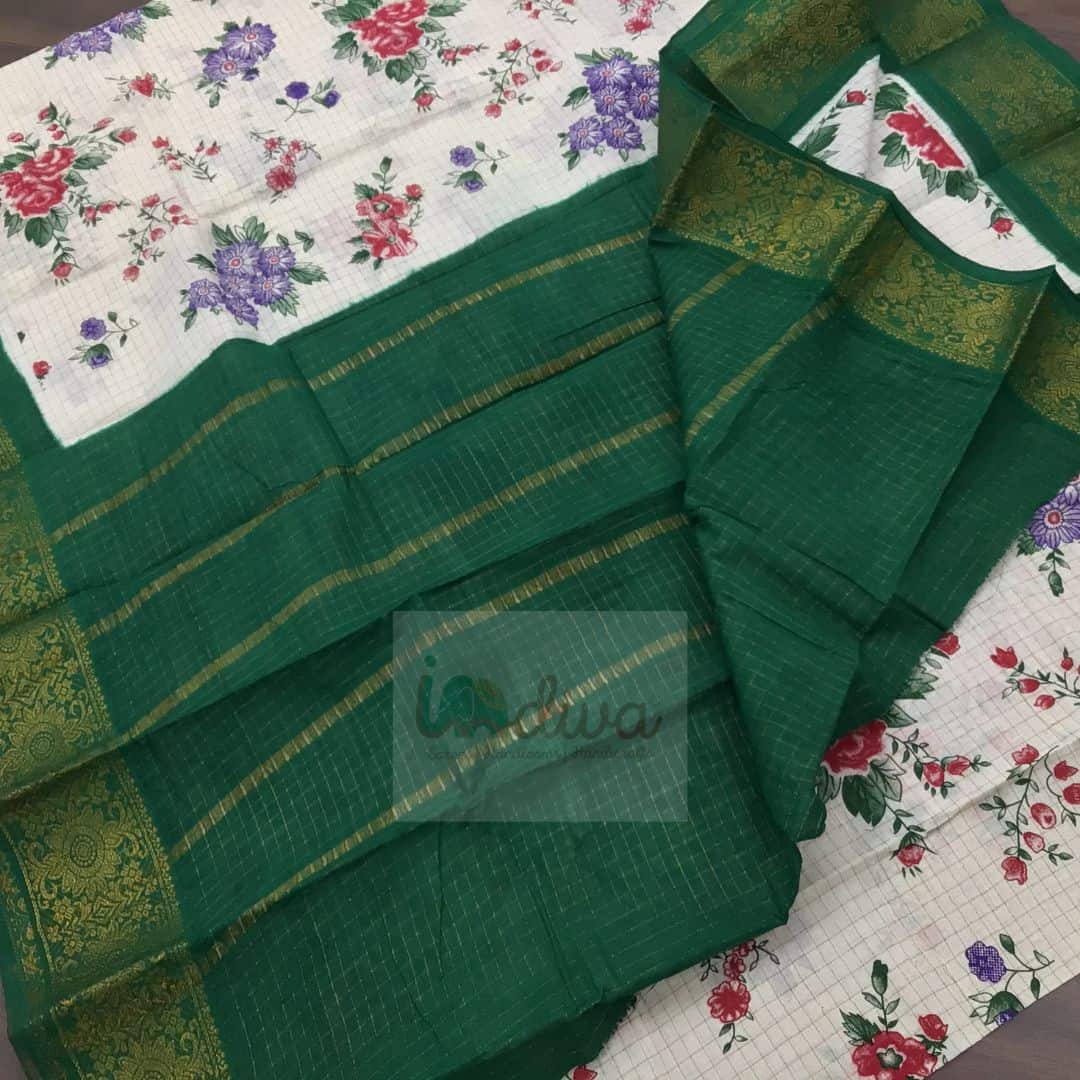 White & Green Tie Dye Handloom Sungudi Cotton Saree-Pallu