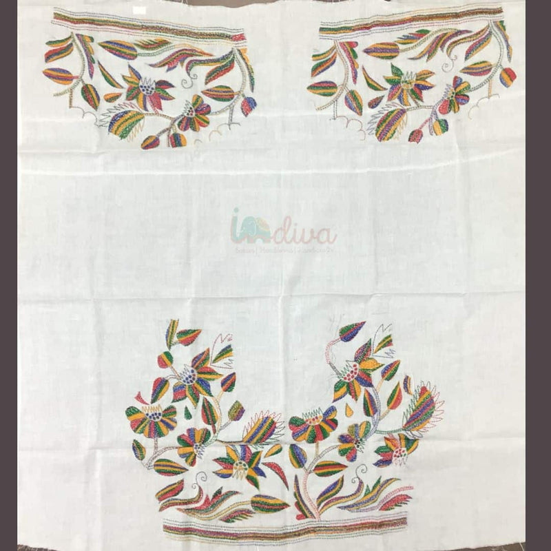 White Kantha Blouse Fabric With Dense Floral Motifs