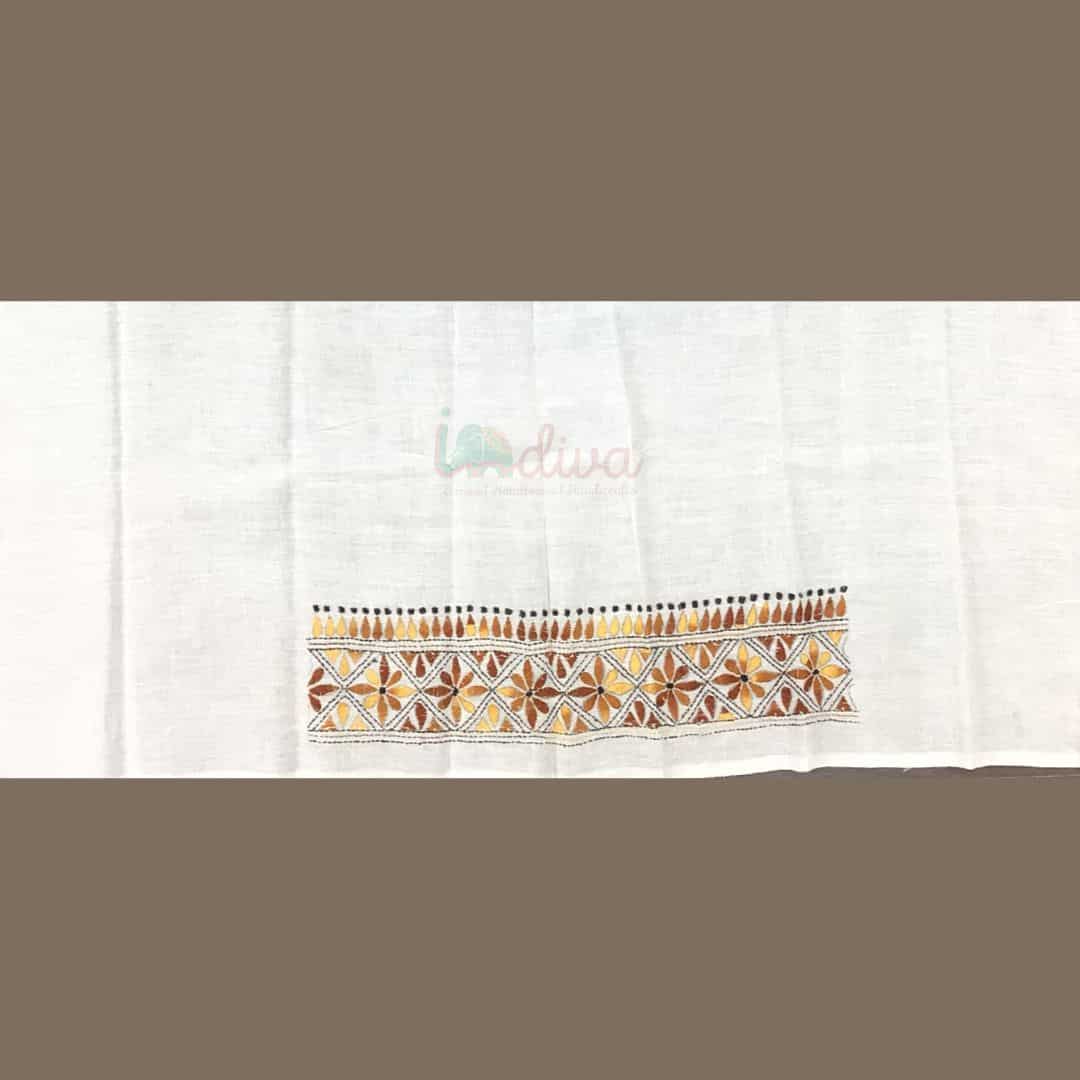 White Kantha Blouse Fabric With Golden Yellow & Brown Motifs-Back