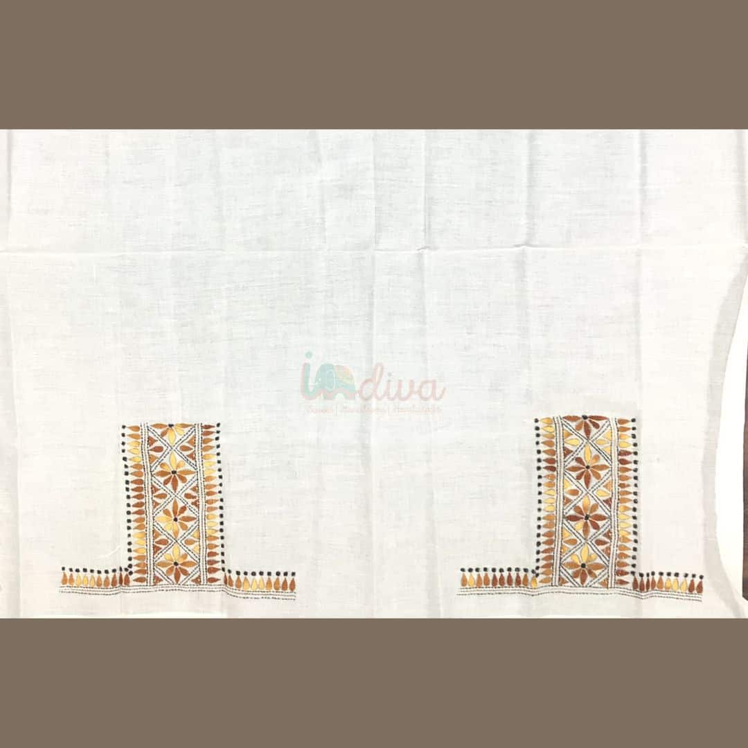 White Kantha Blouse Fabric With Golden Yellow & Brown Motifs-Sleeves