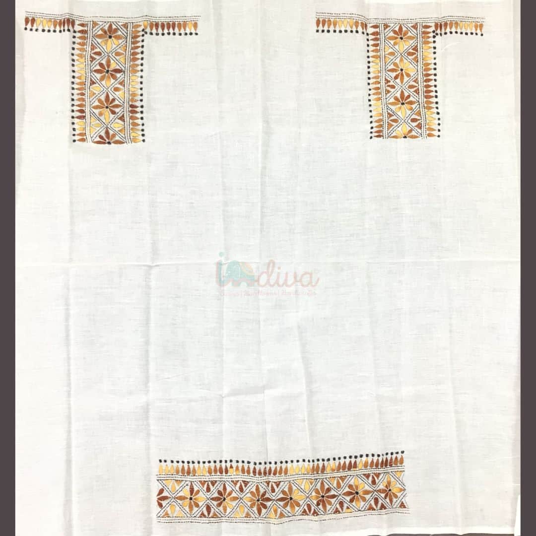 White Kantha Blouse Fabric With Golden Yellow & Brown Motifs