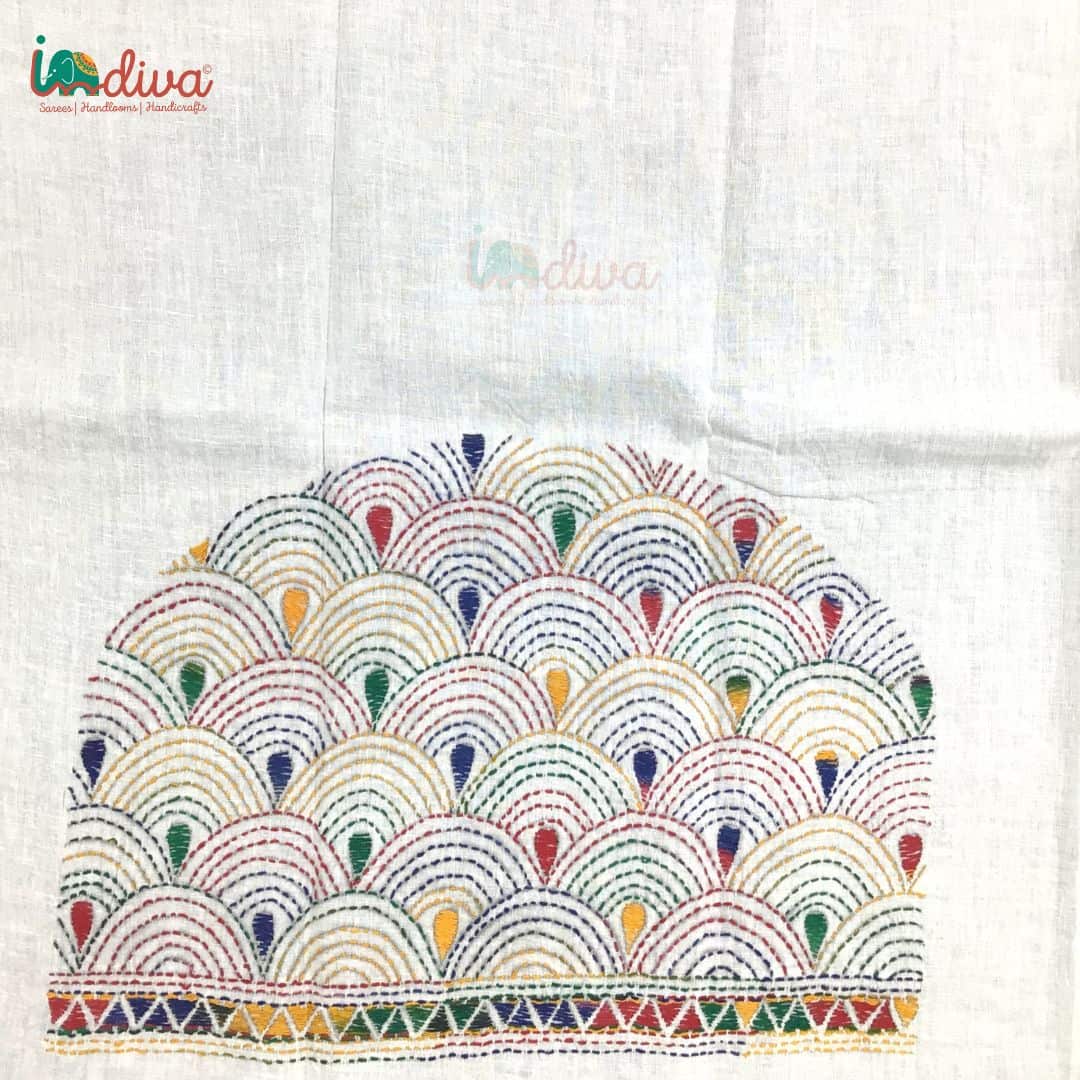 White Kantha Blouse Piece With Colourful Matsya Motifs-Sleeve