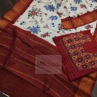White & Red Tie Dye Handloom Sungudi Cotton Saree-Pallu