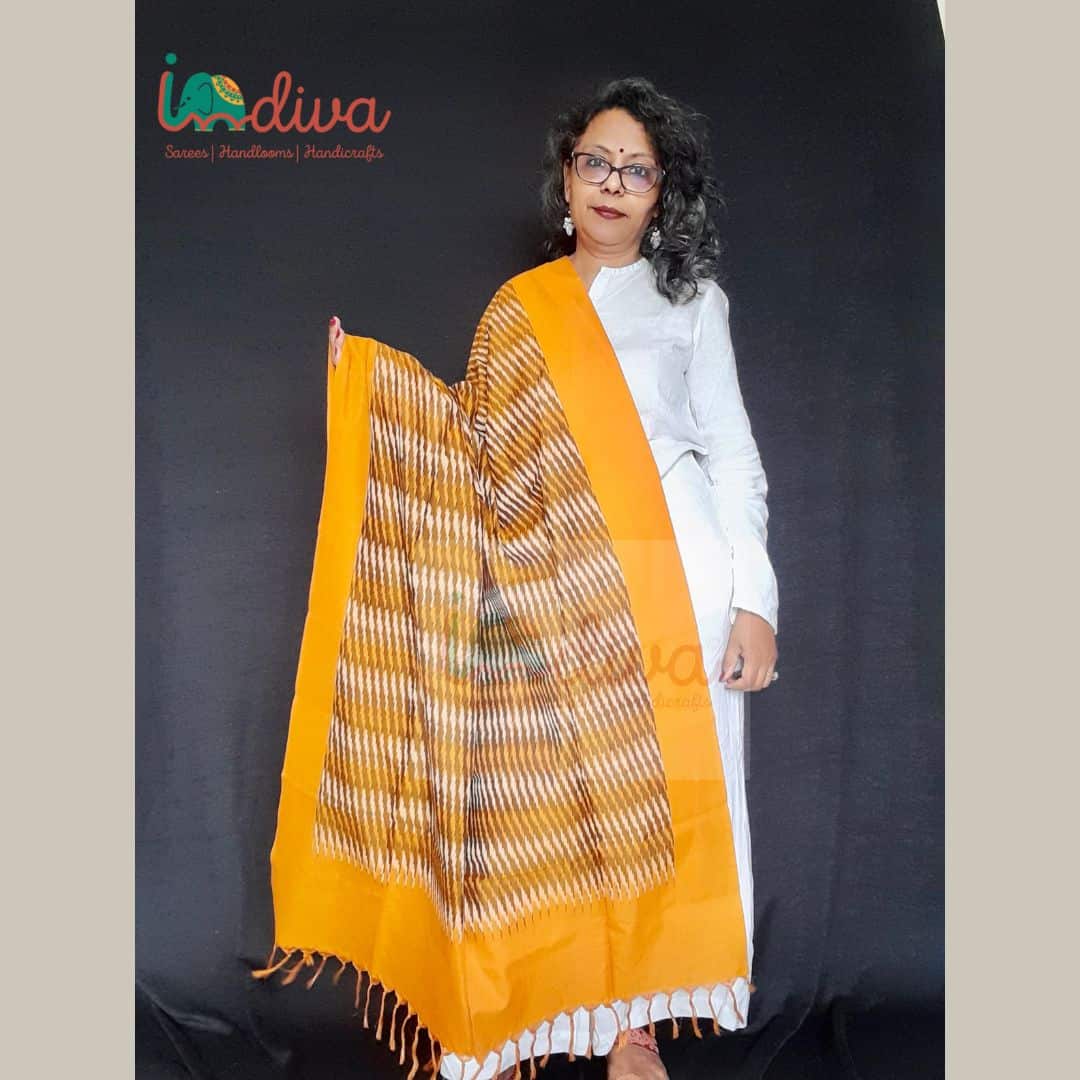 Yellow & Brown Handloom Cotton Ikat Dupatta-Display
