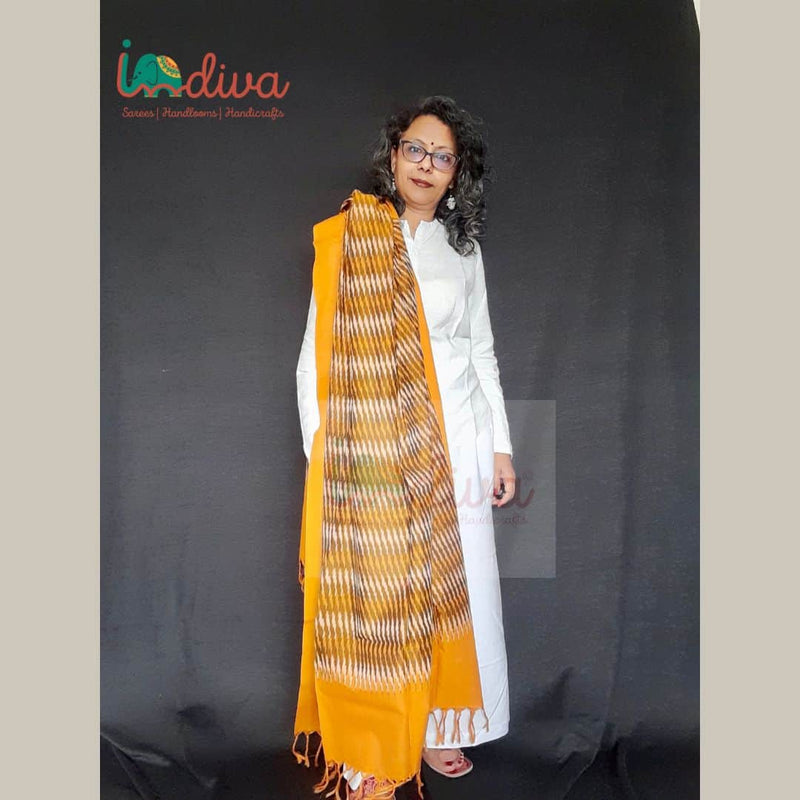Yellow & Brown Handloom Cotton Ikat Dupatta-On Shoulder