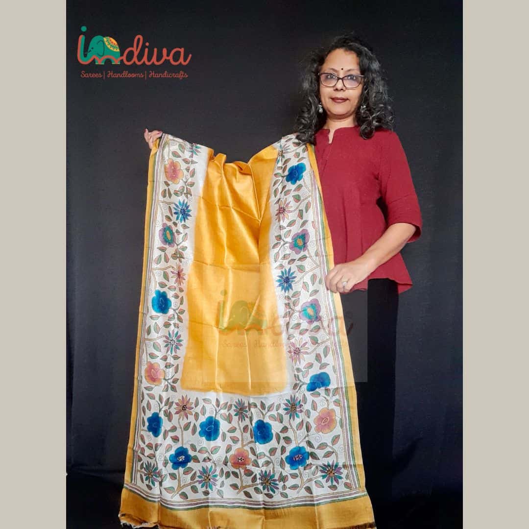 Yellow Handcrafted Kantha Tussar Silk Dupatta-Display