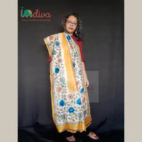 Yellow Handcrafted Kantha Tussar Silk Dupatta-Shoulder