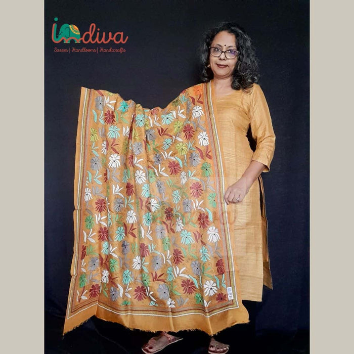 Yellow Handcrafted Kantha Work Silk Dupatta-Shoulder