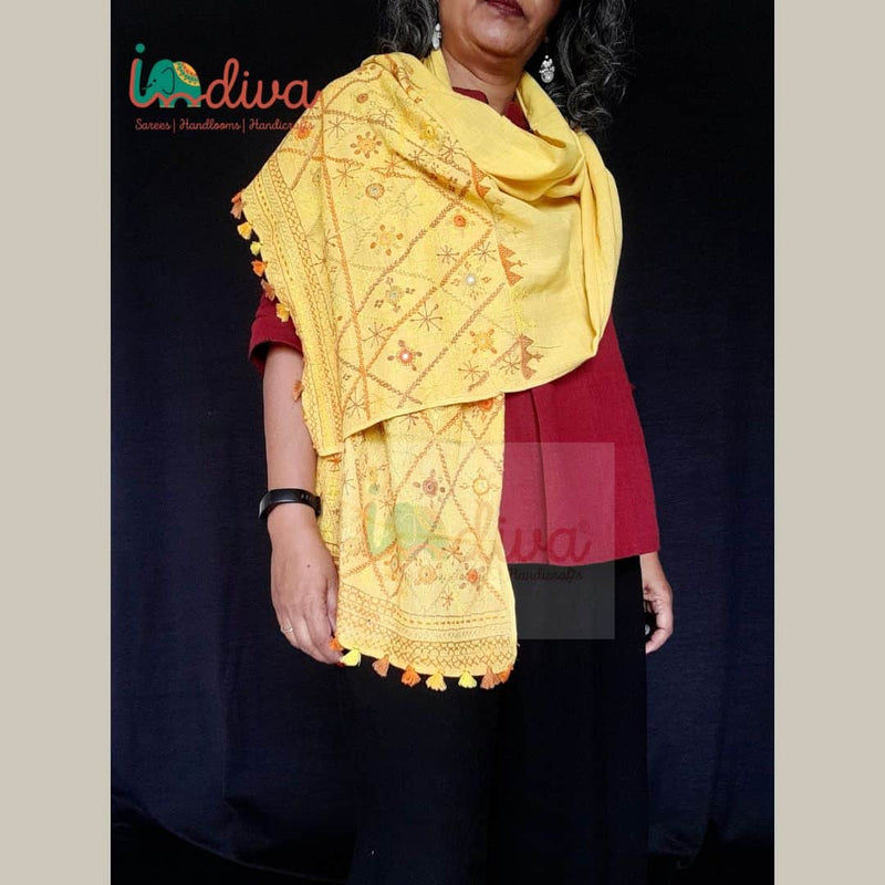 Yellow Handcrafted Lambani Khadi Cotton Stole-Close up