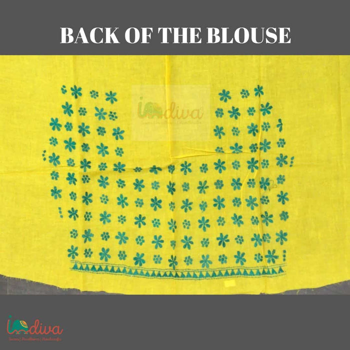 Yellow Kantha Blouse Fabric With Green Floral Motifs-Back