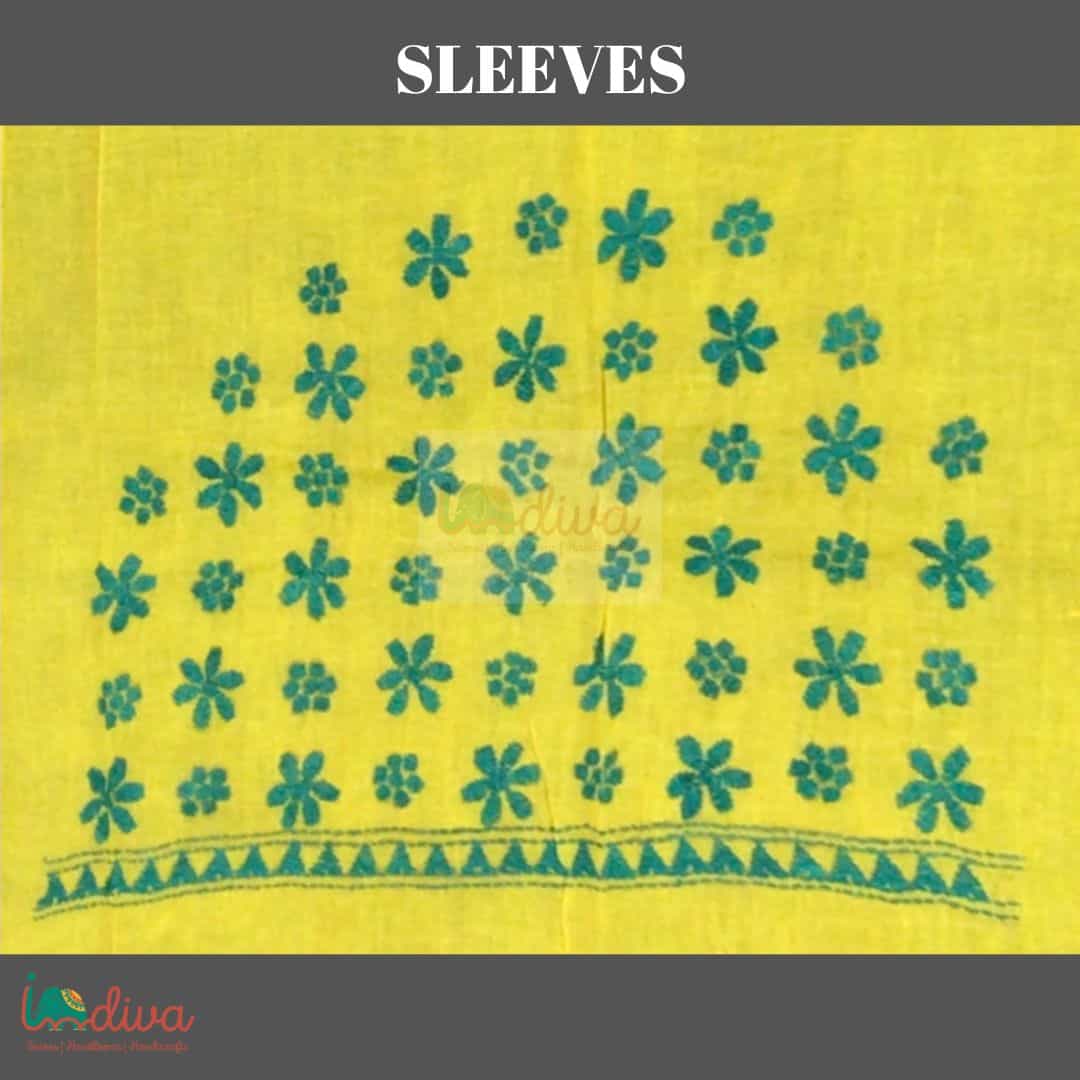Yellow Kantha Blouse Fabric With Green Floral Motifs-Sleeve