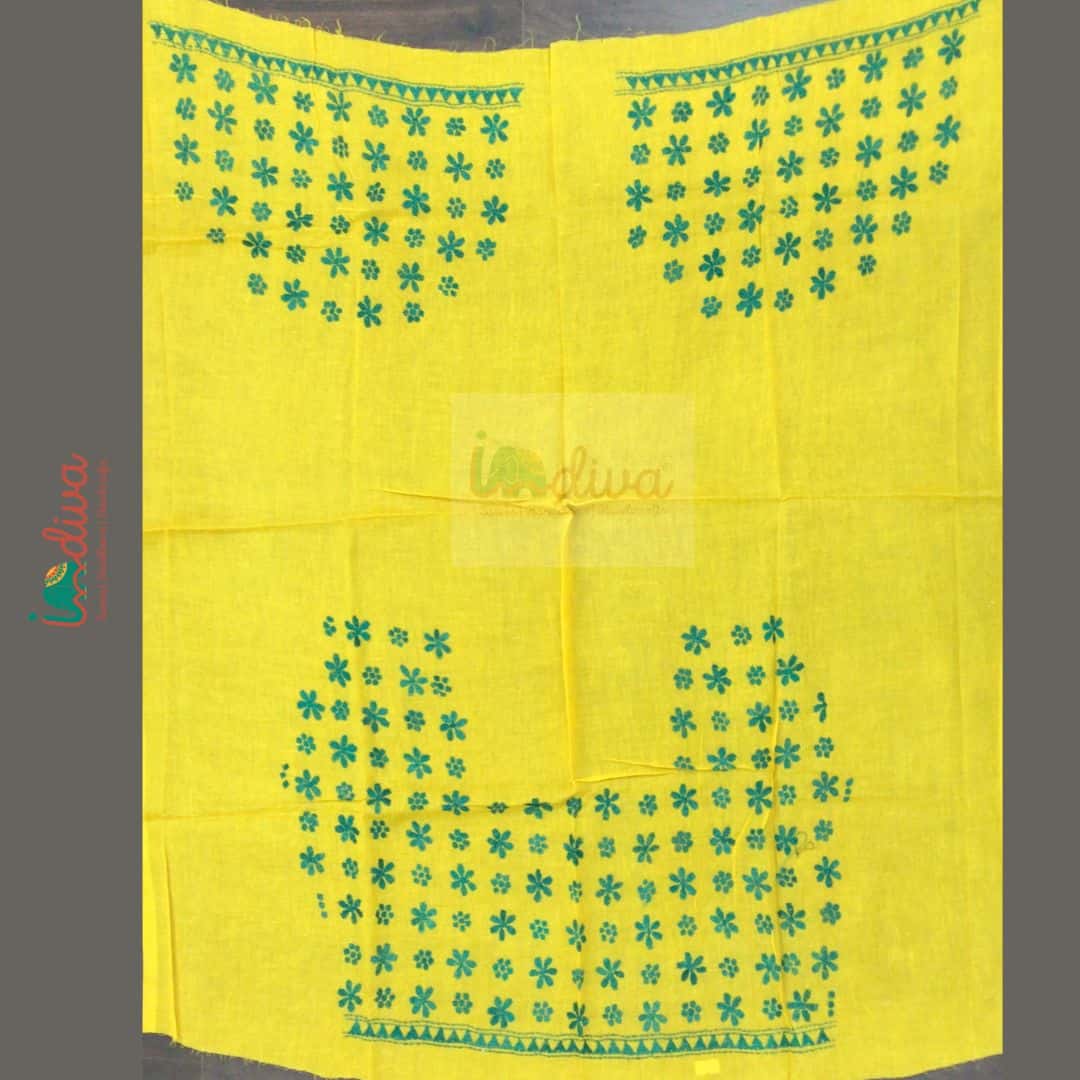 Yellow Kantha Blouse Fabric With Green Floral Motifs