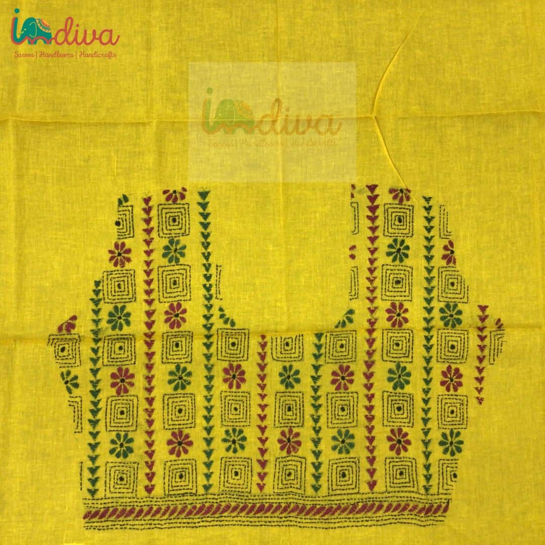 Yellow Kantha Blouse Fabric With Green & Maroon Motifs-Back