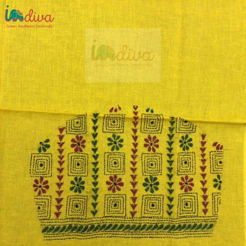 Yellow Kantha Blouse Fabric With Green & Maroon Motifs-Sleeve
