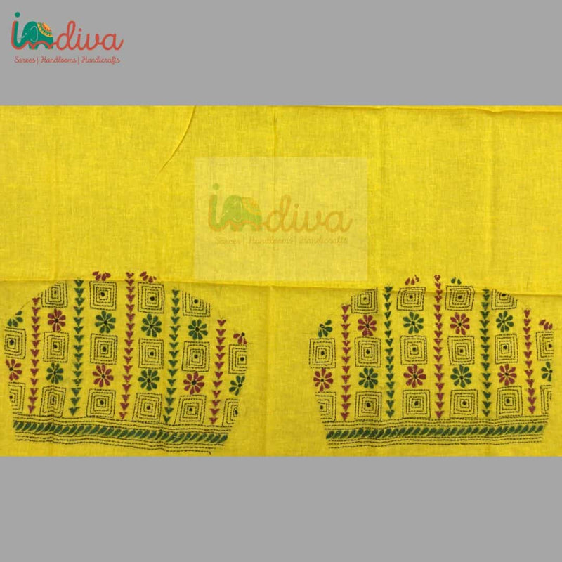 Yellow Kantha Blouse Fabric With Green & Maroon Motifs-Sleeves