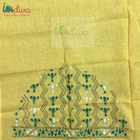 Yellow Kantha Blouse Fabric With Green & White Motifs-Sleeve