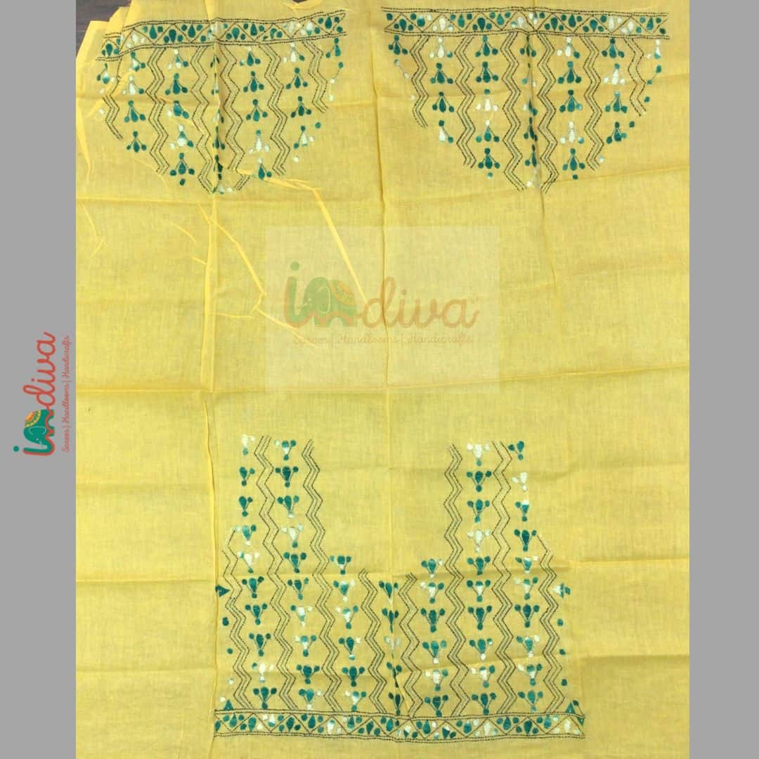 Yellow Kantha Blouse Fabric with Green & White Motifs