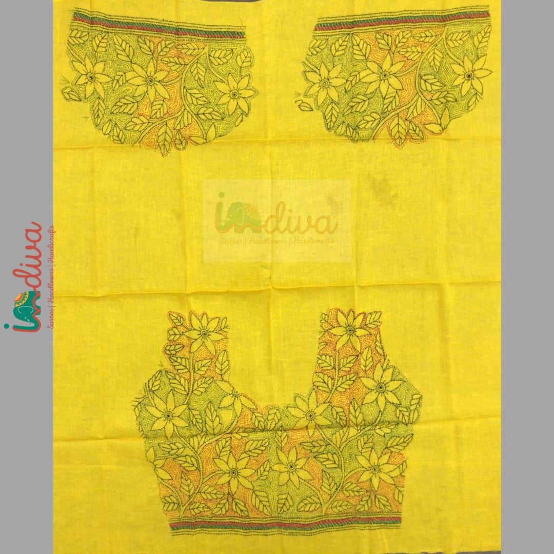 Yellow Reverse Kantha Stitch Blouse Fabric With Red& Green Leaves & Floral Motifs