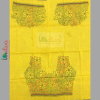 Yellow Reverse Kantha Stitch Blouse Fabric With Red& Green Leaves & Floral Motifs