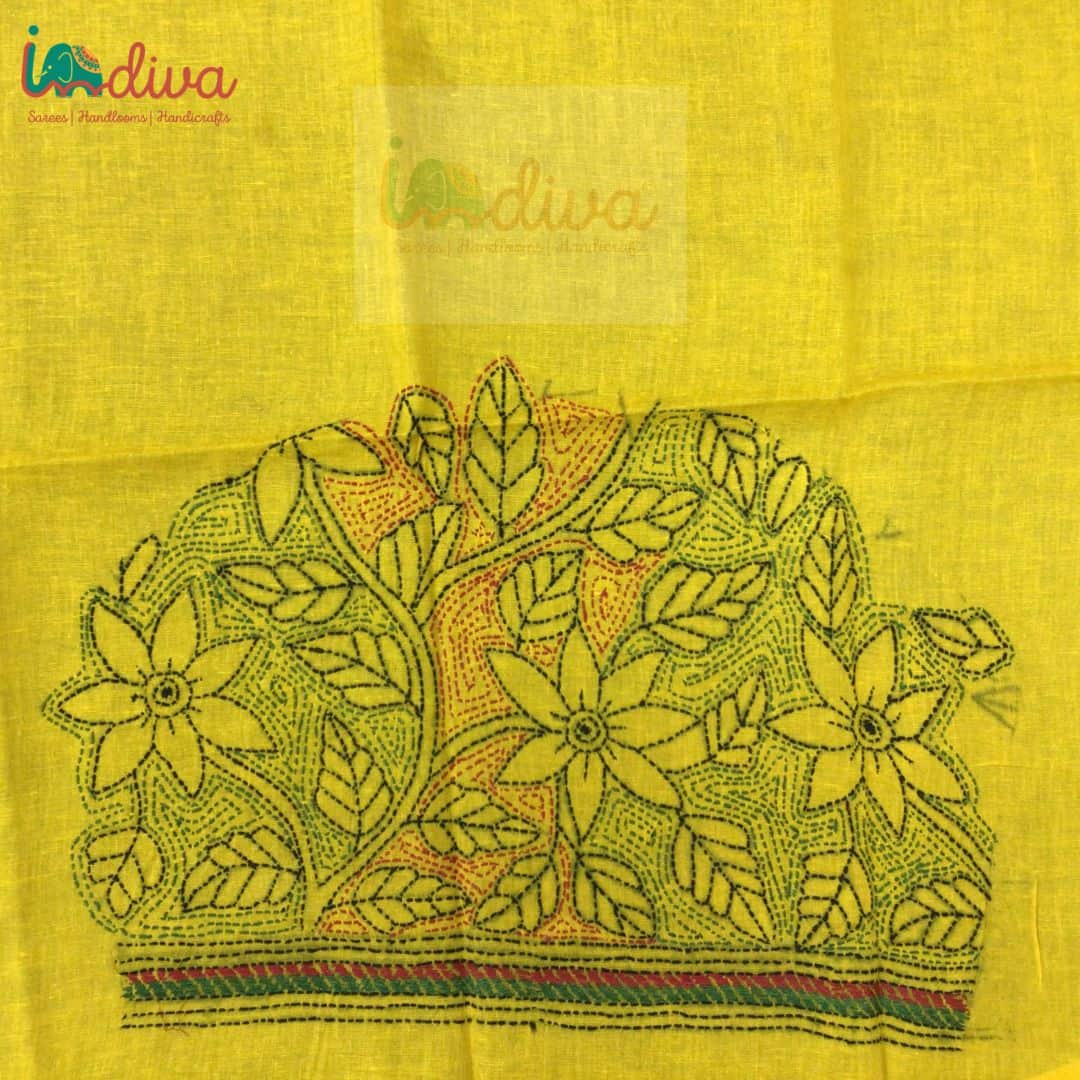 Yellow Reverse Kantha Stitch Blouse Fabric With Red& Green Leaves & Floral Motifs-Sleeve