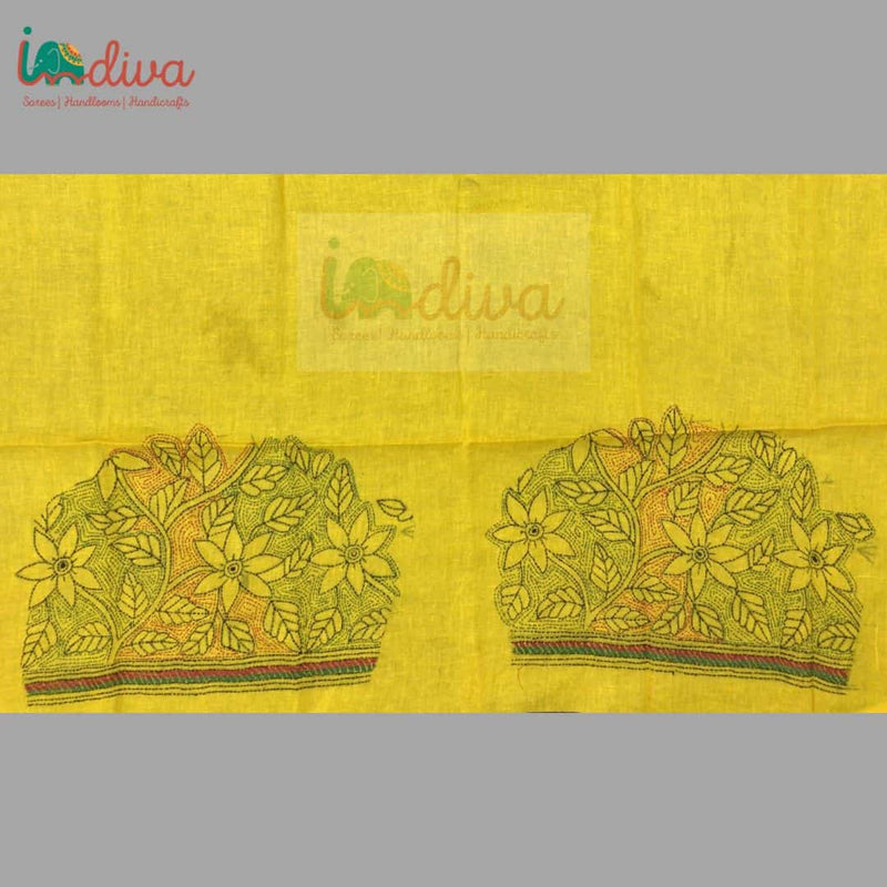 Yellow Reverse Kantha Stitch Blouse Fabric With Red& Green Leaves & Floral Motifs-Sleeves