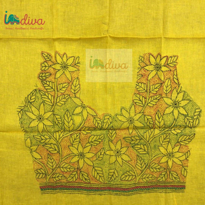 Yellow Reverse Kantha Stitch Blouse Fabric With Red& Green Leaves & Floral Motifs-Back