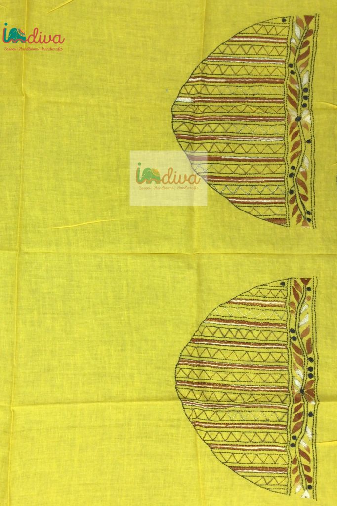 Yellow Kantha Blouse Material With Brown & Black Vertical Stripes