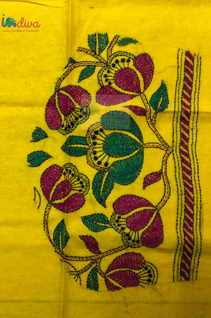Yellow Kantha Work Blouse Fabric With Maroon & Green Motifs